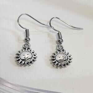 Sun Smiley Silver Tone Dangle Earrings
